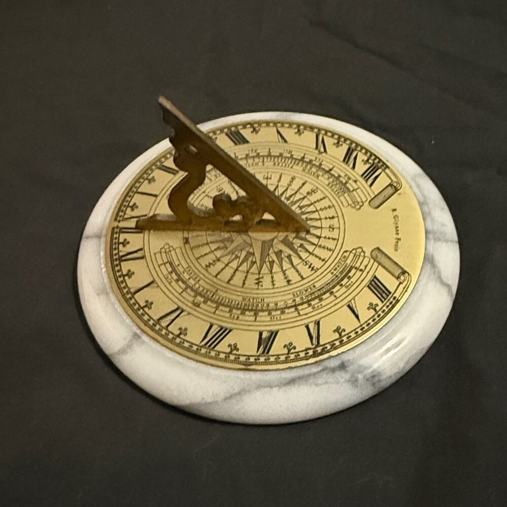 Vintage R Glynne Fecit Sundial Desk Decor Paperweight MCM Brass Marble